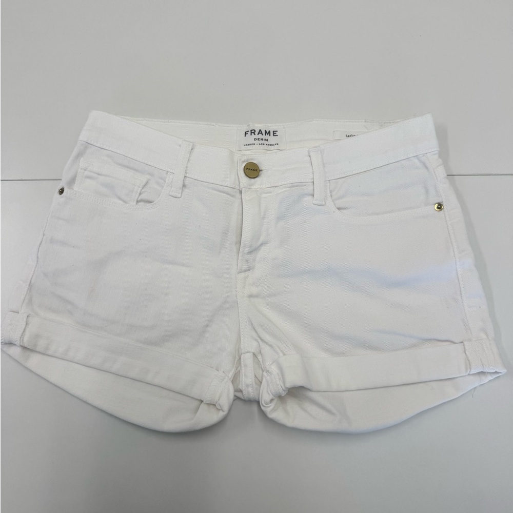 FRAME Le Cutoff Short | Denim White Rolled Hem Jean Shorts